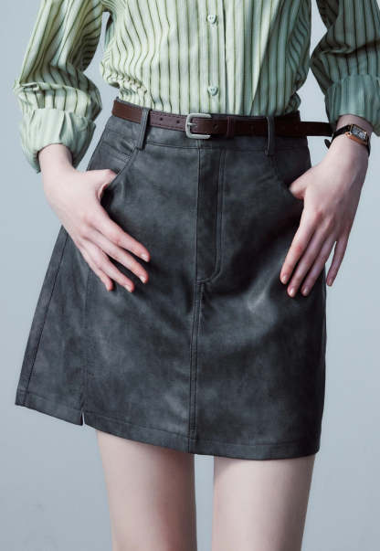 Women's Faux Leather Mini Skirt, A-Line with Belt and Pockets, Vintage Brown