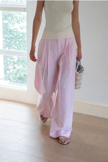 Wide Leg Pleated Casual Pants with Drawstring Waist