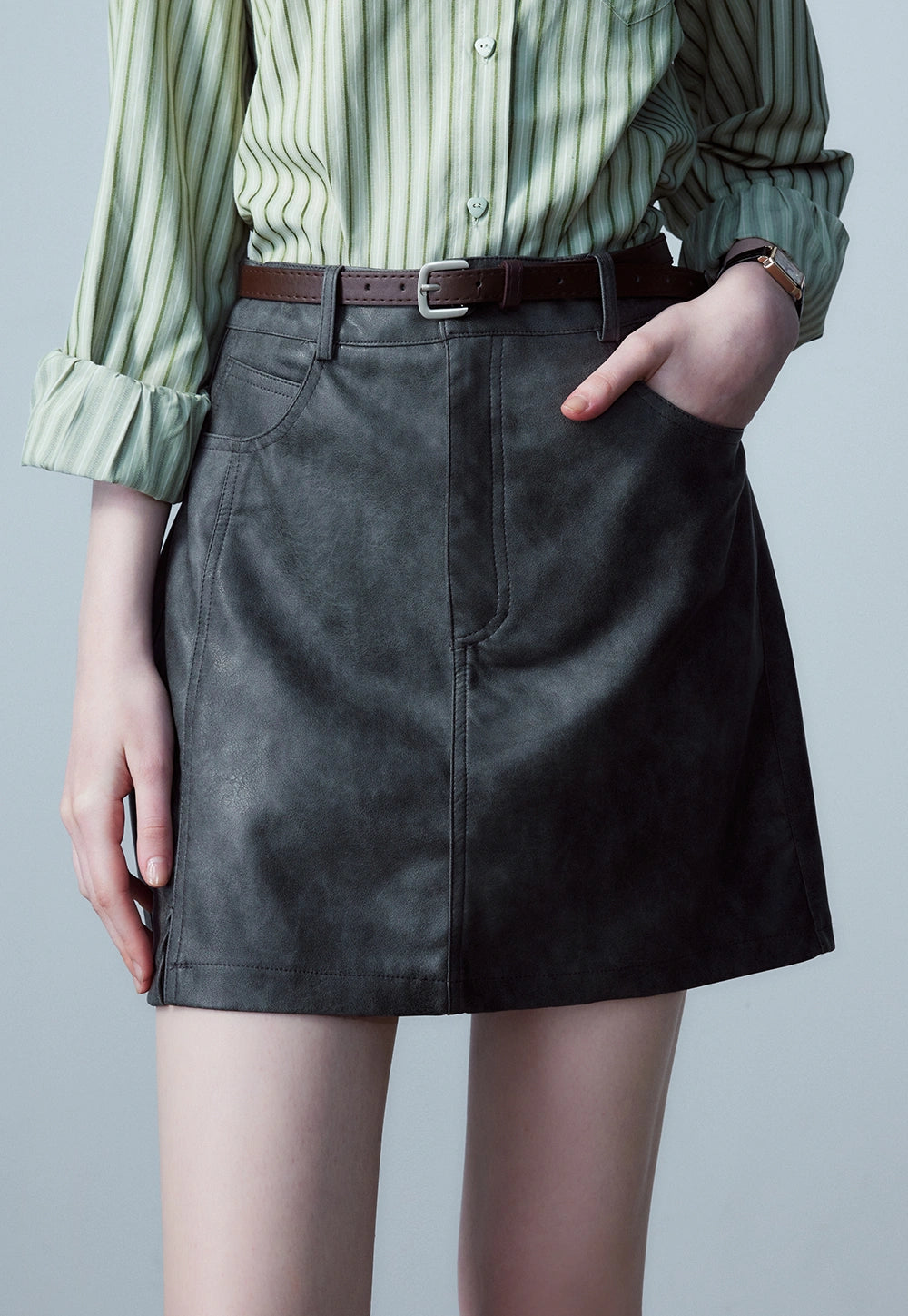 Women's Faux Leather Mini Skirt, A-Line with Belt and Pockets, Vintage Brown