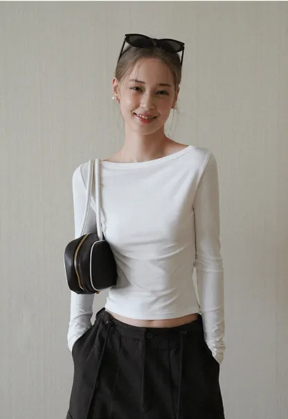 Women Boat Neck Ruched Long Sleeve T-Shirts