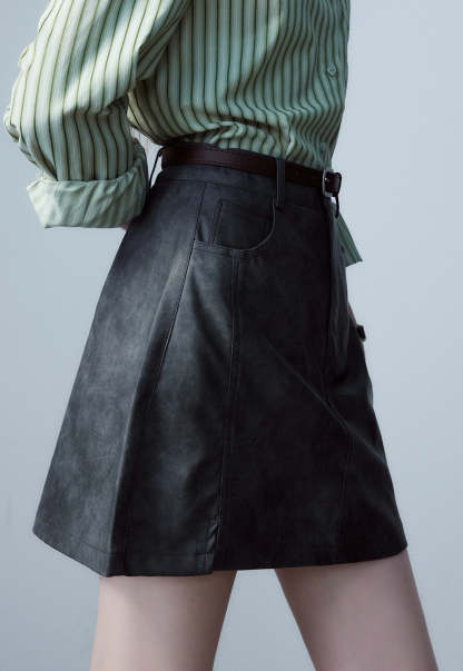 Women's Faux Leather Mini Skirt, A-Line with Belt and Pockets, Vintage Brown