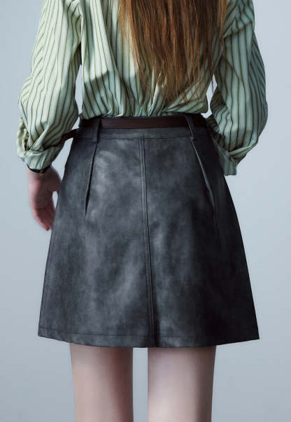 Women's Faux Leather Mini Skirt, A-Line with Belt and Pockets, Vintage Brown