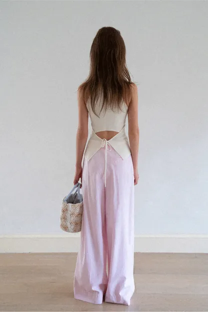 Wide Leg Pleated Casual Pants with Drawstring Waist