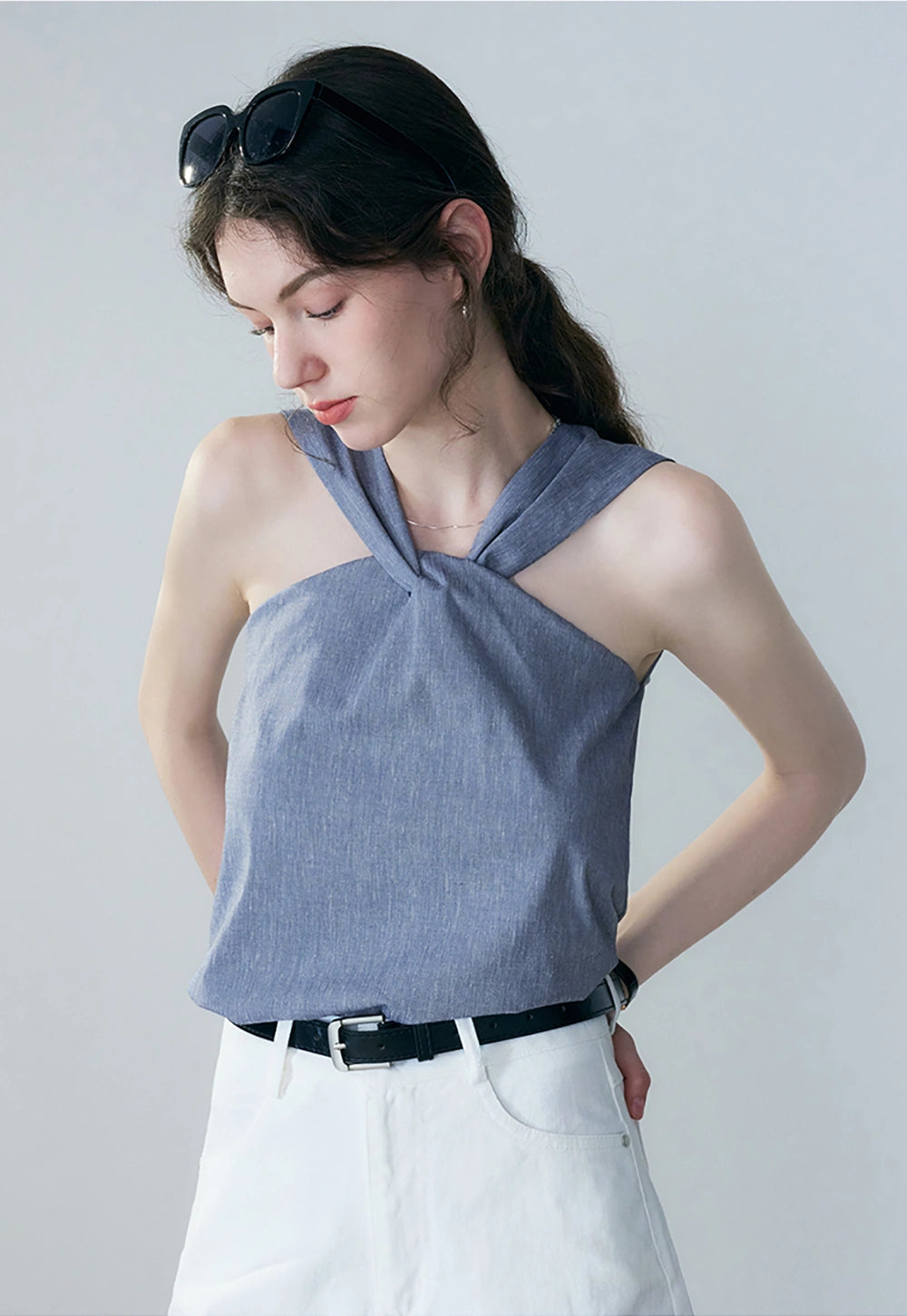 トップス melt the lady contrast knot tops Women's Denim Twist Knot Sleeveless Top – EGGKA
