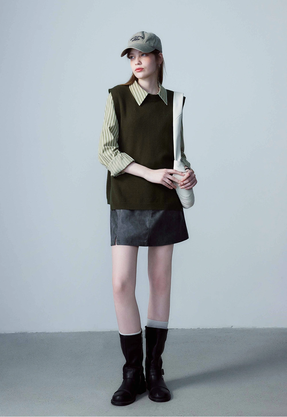 Women's Faux Leather Mini Skirt, A-Line with Belt and Pockets, Vintage Brown