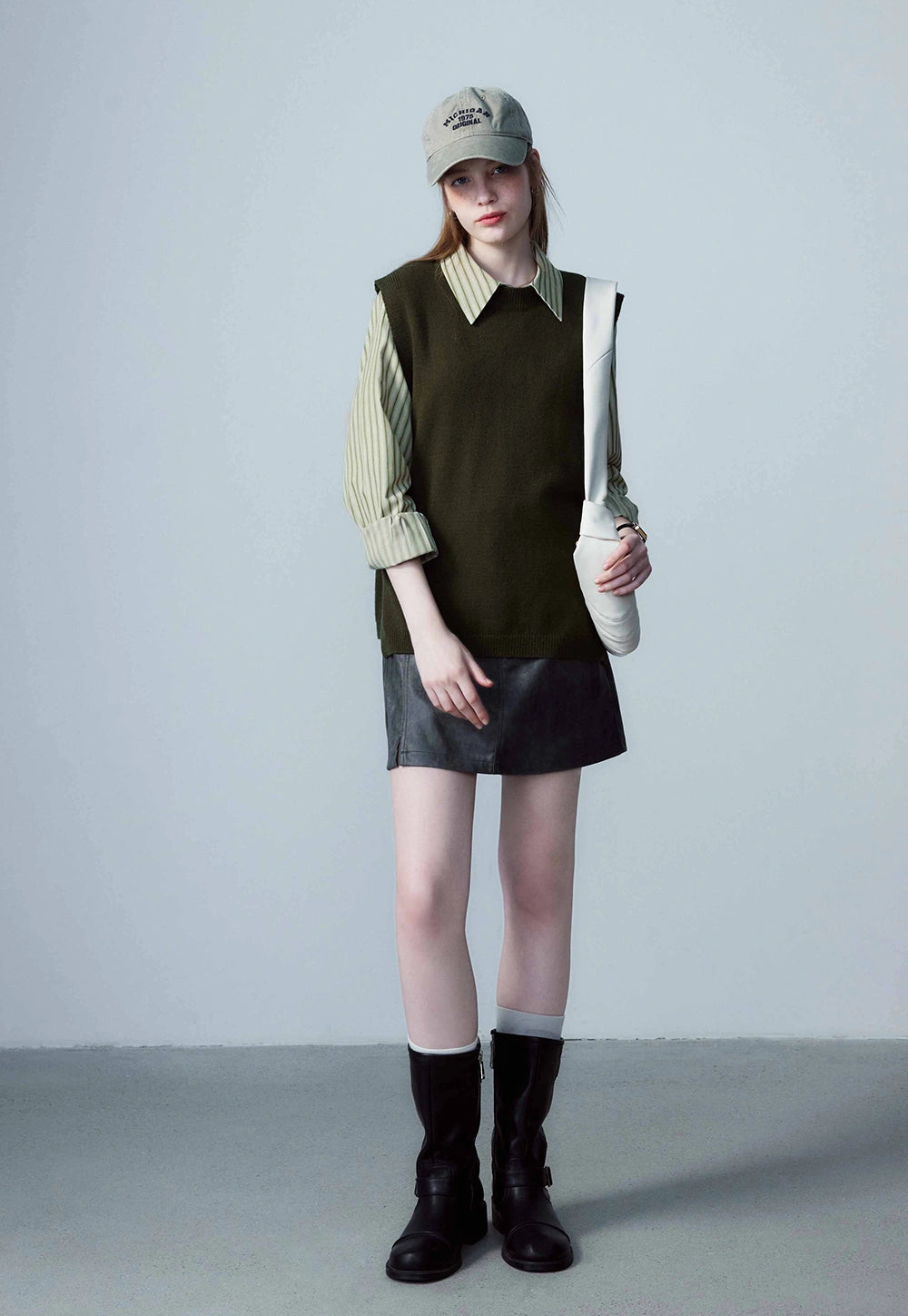 Women's Faux Leather Mini Skirt, A-Line with Belt and Pockets, Vintage Brown