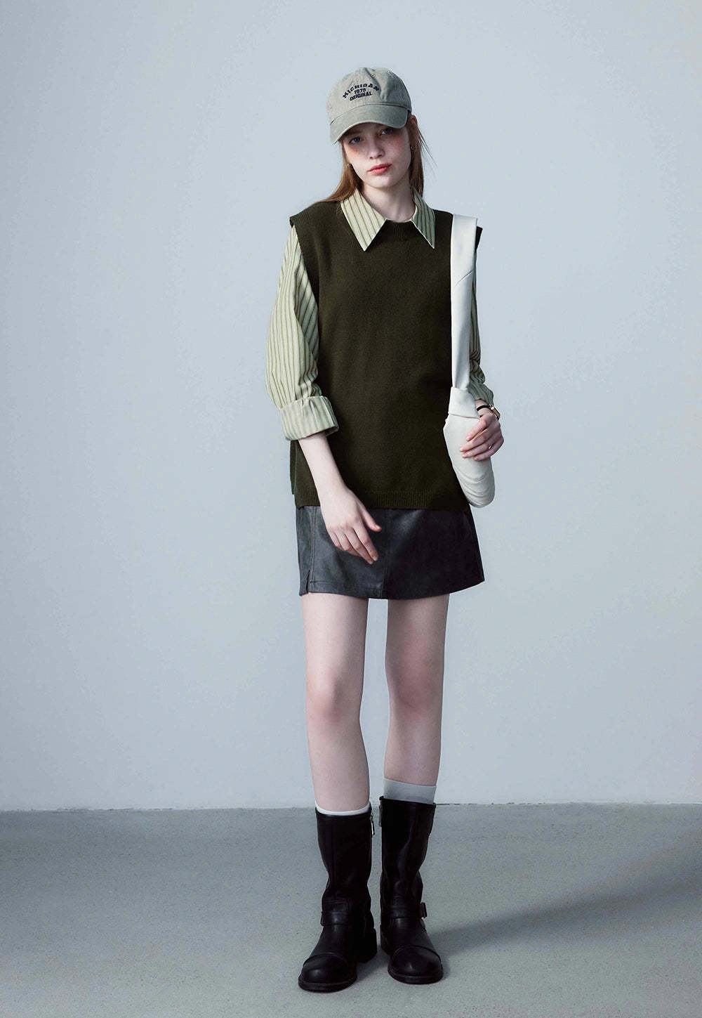 Women's Faux Leather Mini Skirt, A-Line with Belt and Pockets, Vintage Brown