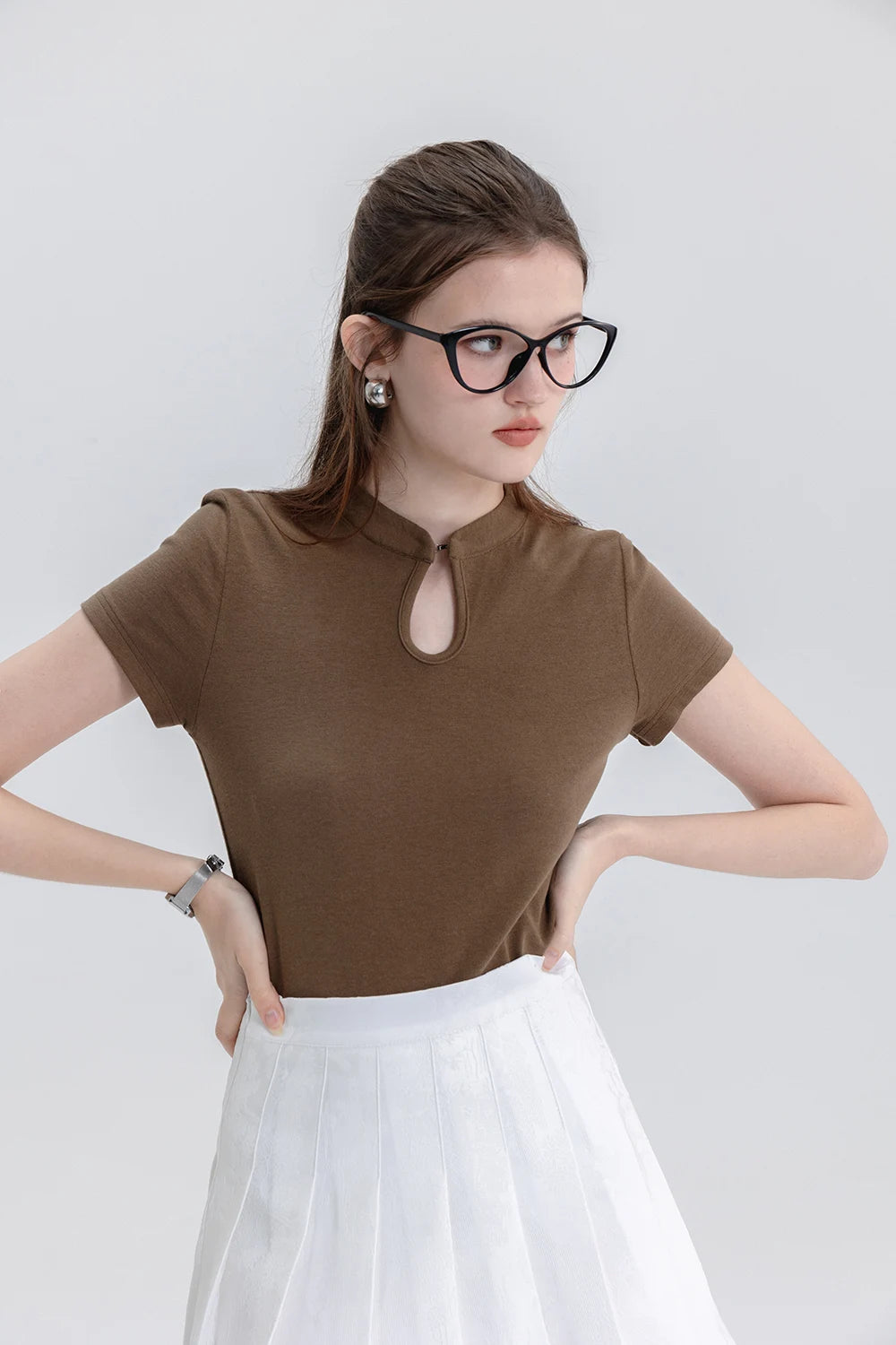 Women's Cheongsam Collar Solid Color T-shirt