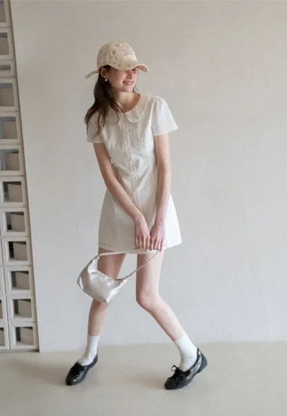 Button Front Dress with Peter Pan Collar and Short Sleeves