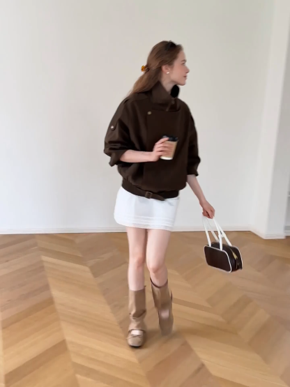 Oversized Collar Short Jacket with Drawstring Hem