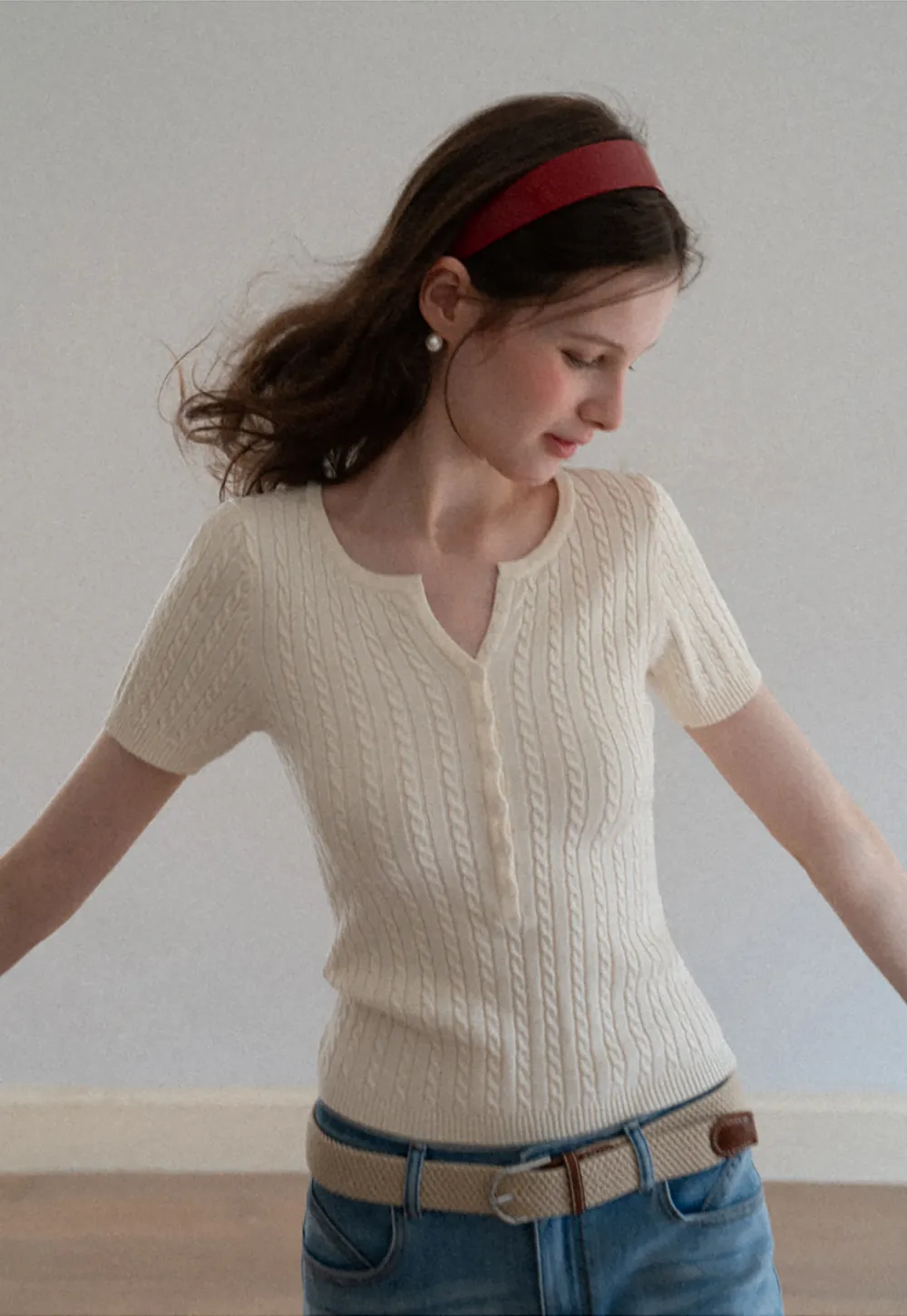 Cable Knit Short Sleeve V Neck Sweater