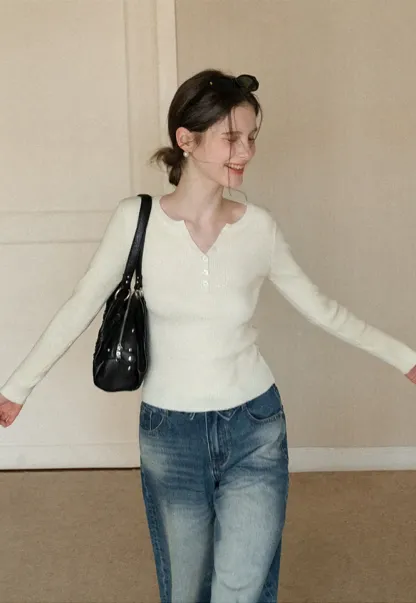 Elegant Henley Knit Top with Button Detail