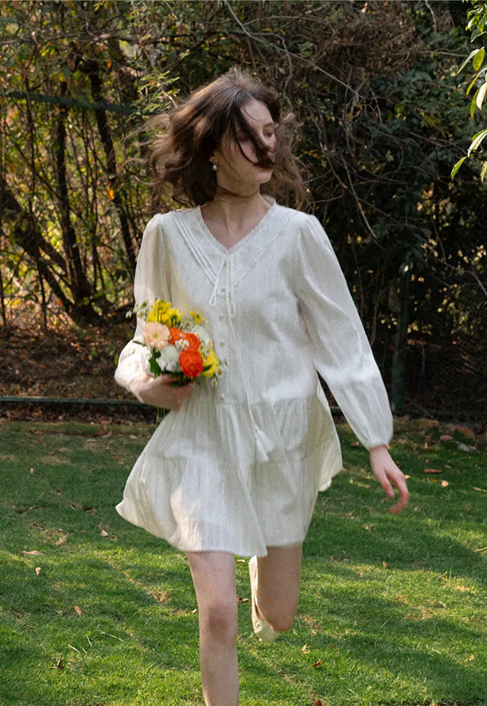 V neck long sleeve tiered dress with lace trim