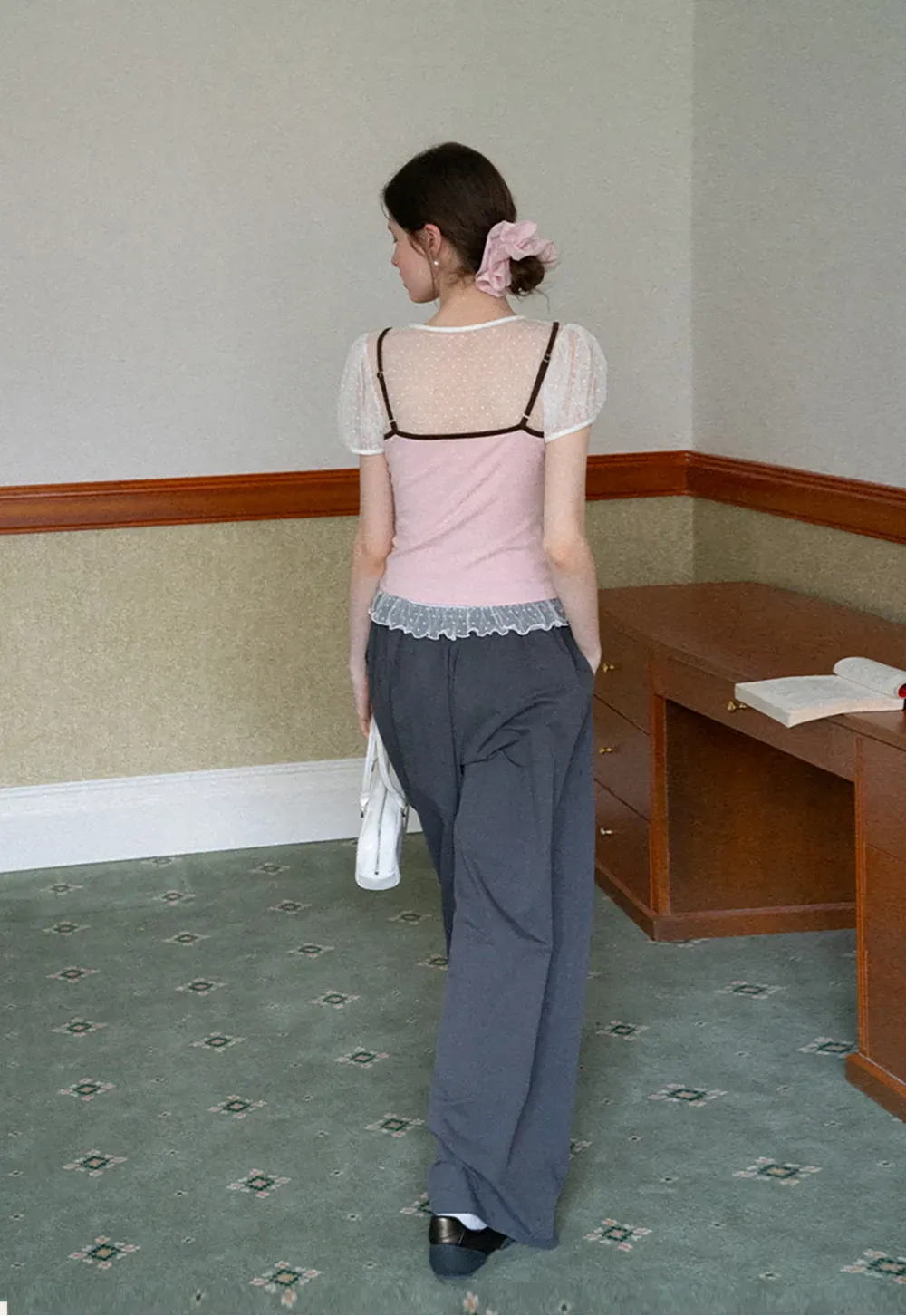 Sheer Mesh Trimmed Tank Top with Bow Detail