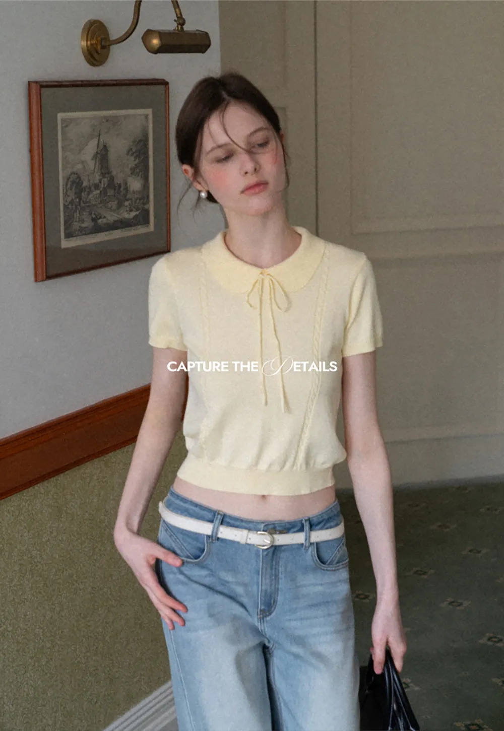 Short Sleeve Knit Top with Collar and Drawstring