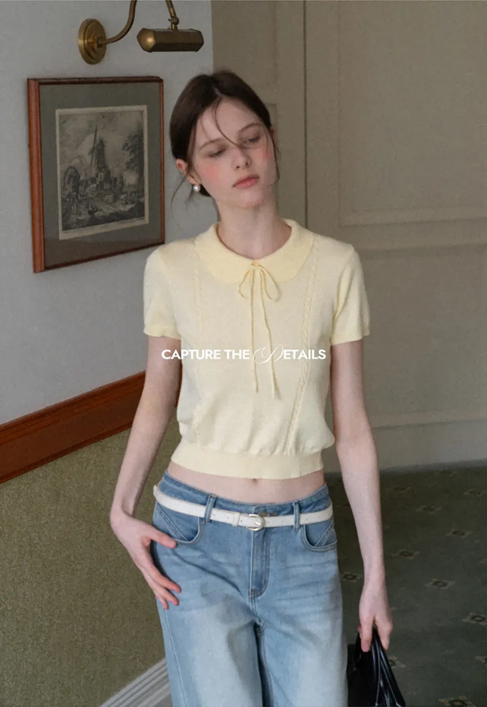 Short Sleeve Knit Top with Collar and Drawstring