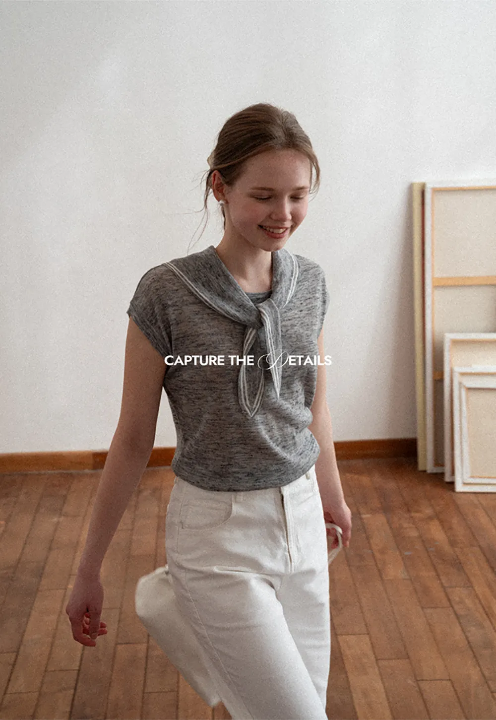 Short Sleeve Knit Sweater with Neck Tie Detail