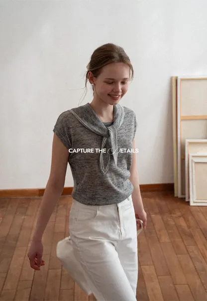 Short Sleeve Knit Sweater with Neck Tie Detail