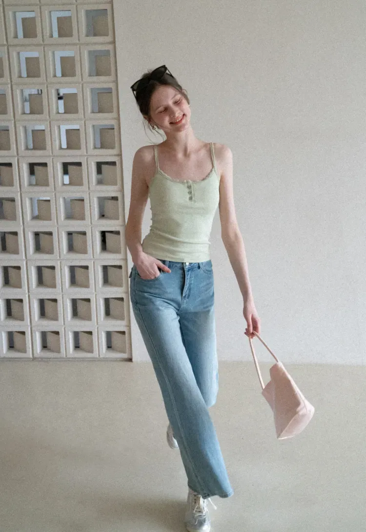 Lace Trim Button Front Tank Top