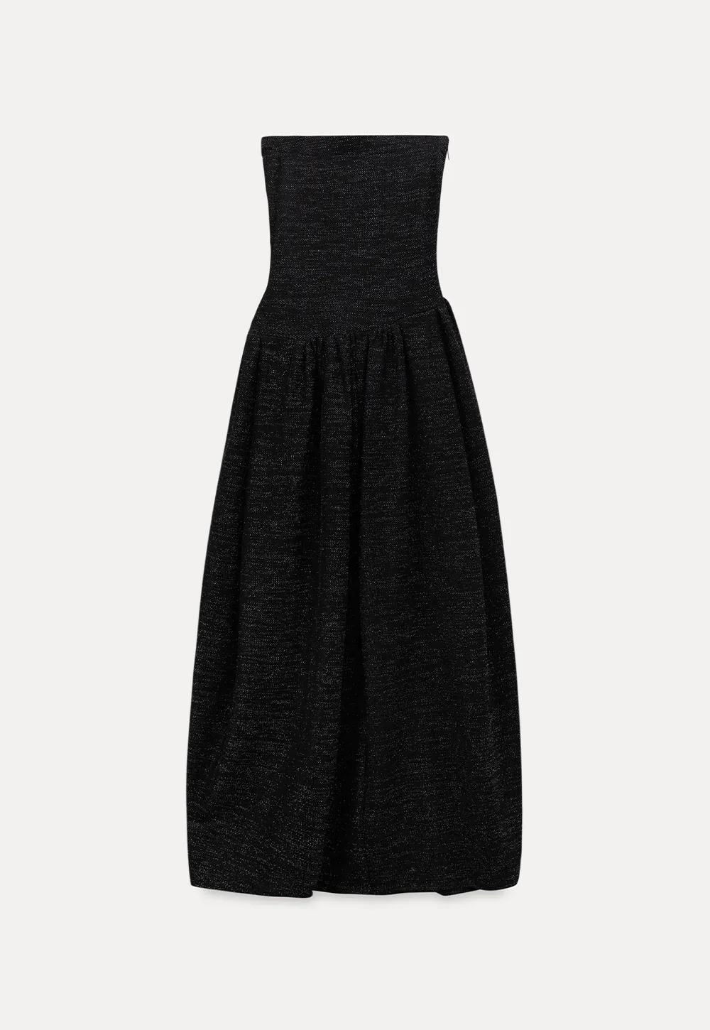 Elegant strapless midi dress with flowing skirt and textured fabric