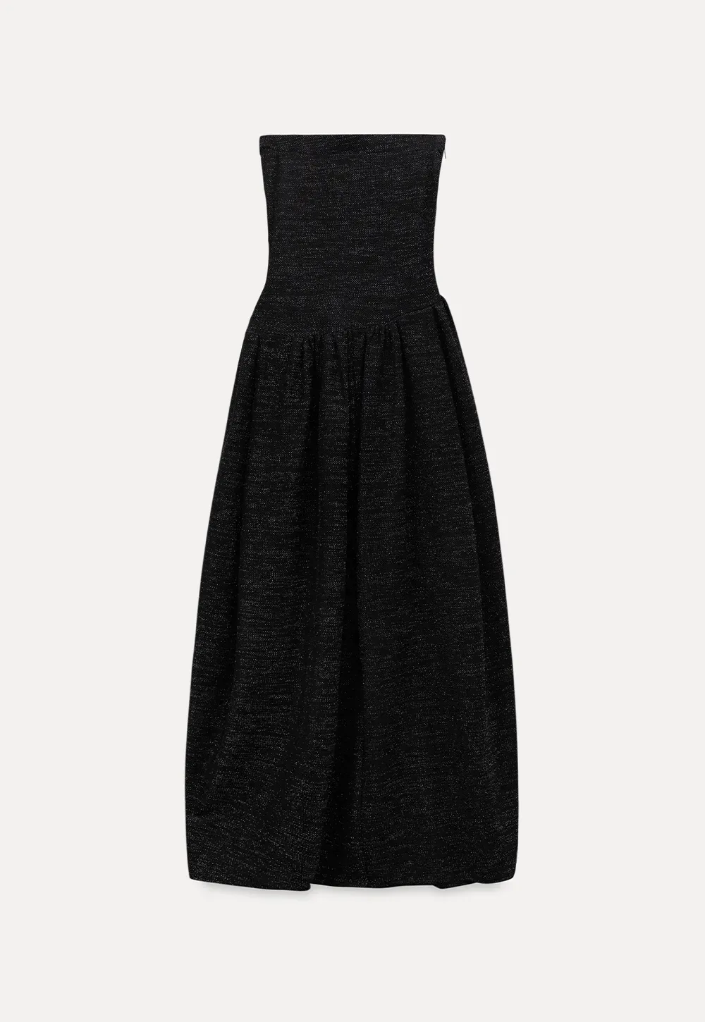 Elegant strapless midi dress with flowing skirt and textured fabric