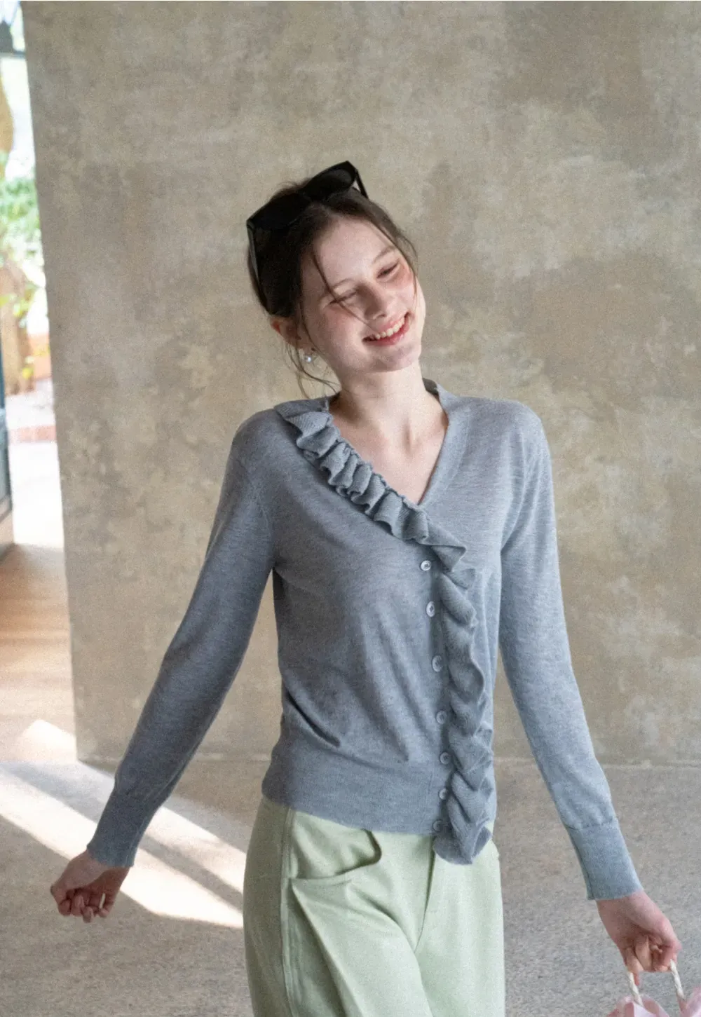 Lightweight Long Sleeve Knit Sweater with Ruffled Trim