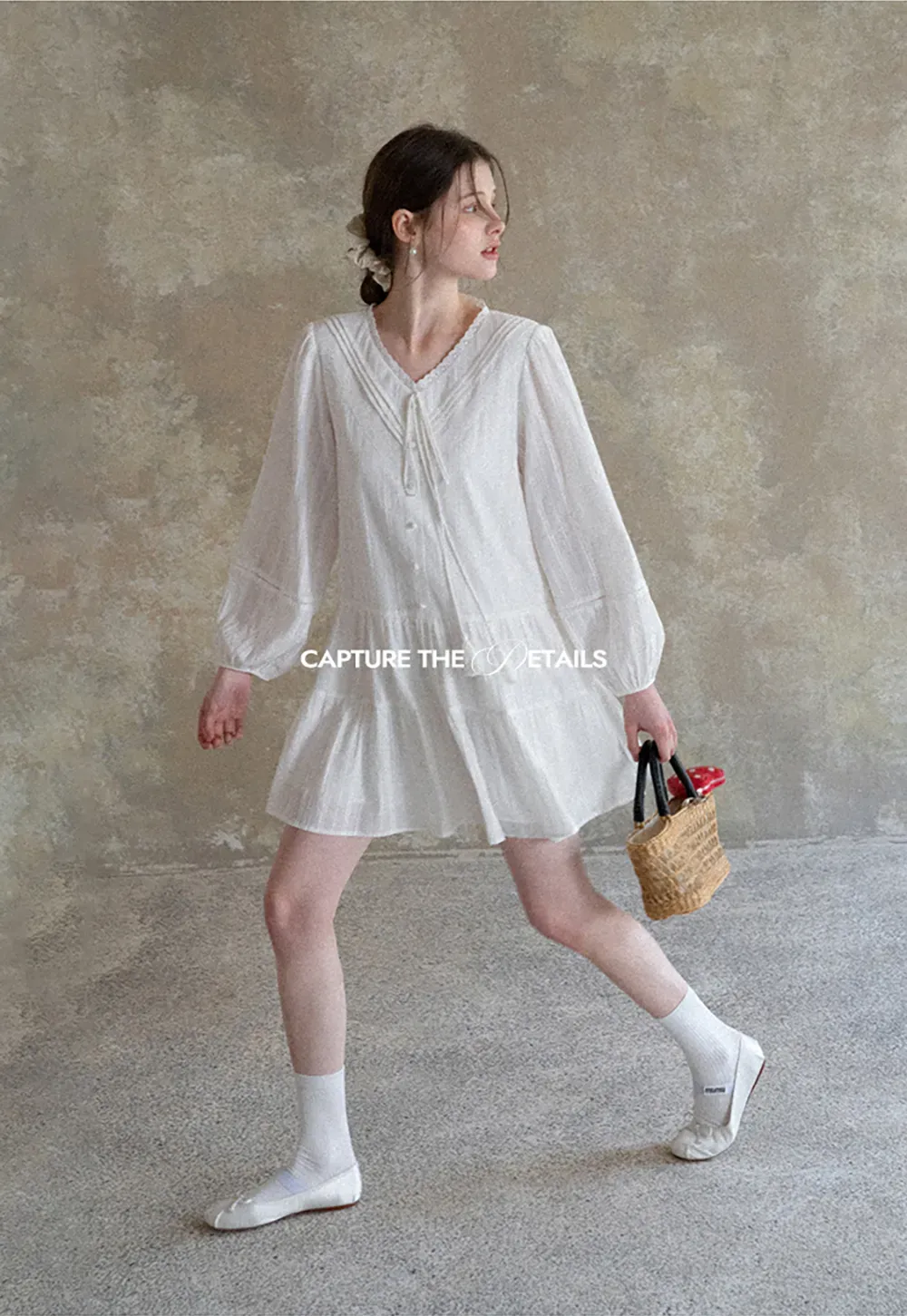 V neck long sleeve tiered dress with lace trim