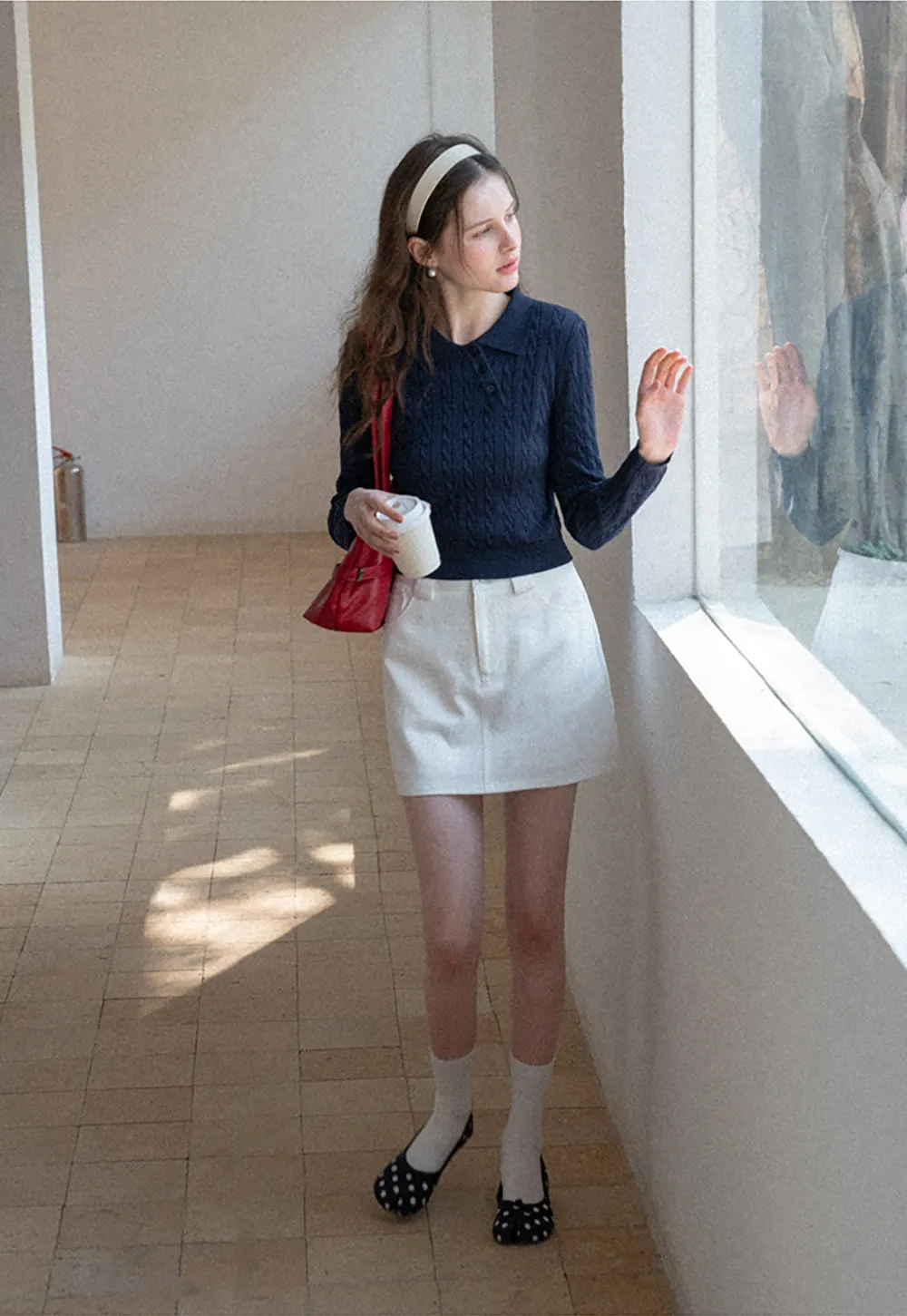 Cable Knit Long Sleeve Polo Neck Cropped Sweater