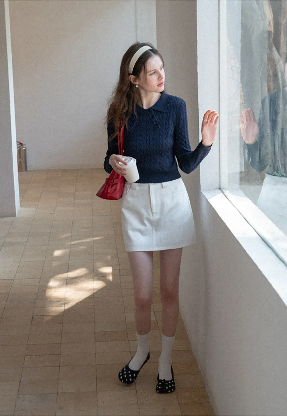 Cable Knit Long Sleeve Polo Neck Cropped Sweater