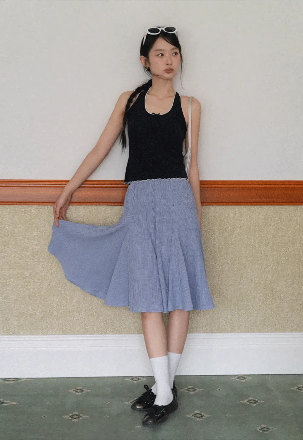 Halter neck tank top with thin straps and bow detail