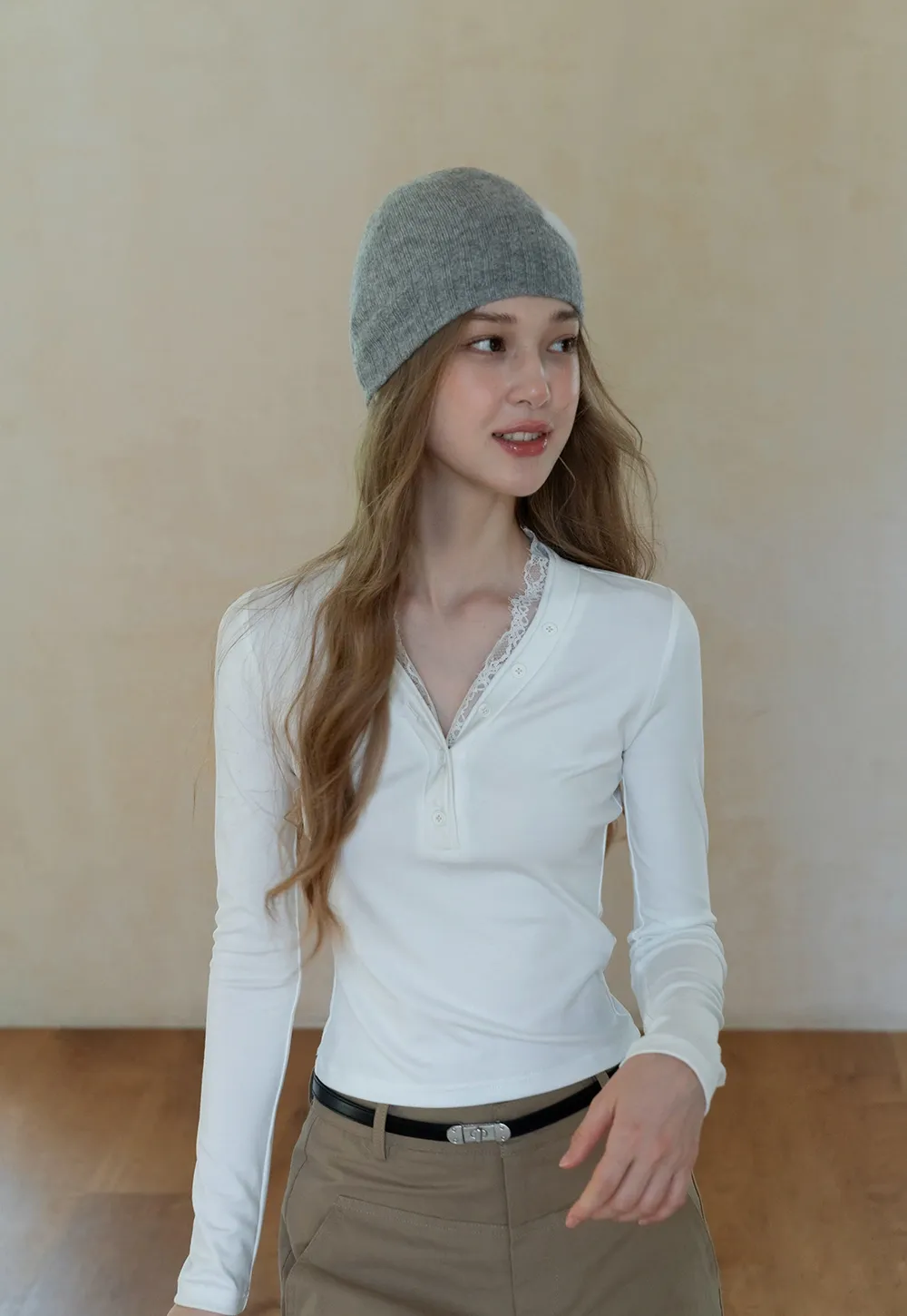 Womens White Lace Trim V Neck Long Sleeve Henley Top