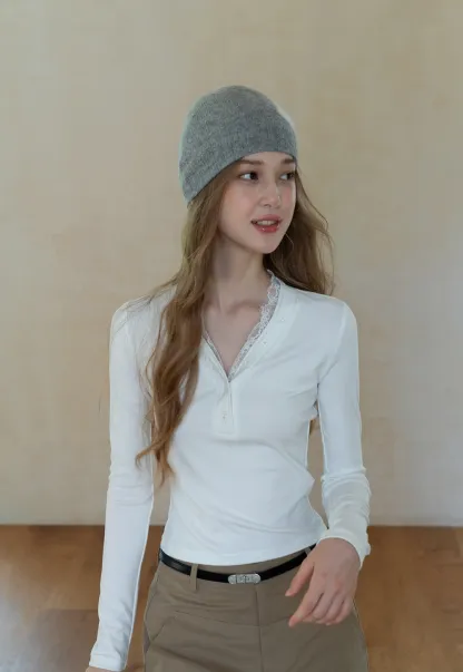 Womens White Lace Trim V Neck Long Sleeve Henley Top