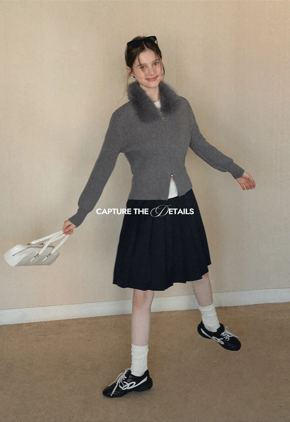 Ribbed knit sweater with fur collar detail