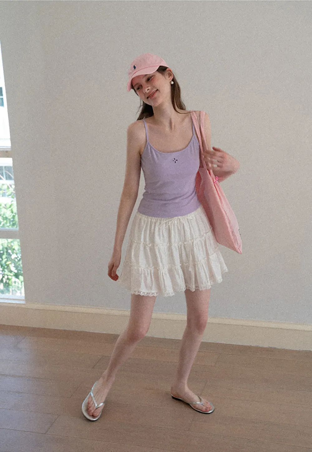 Tiered lace hem drawstring waist skirt