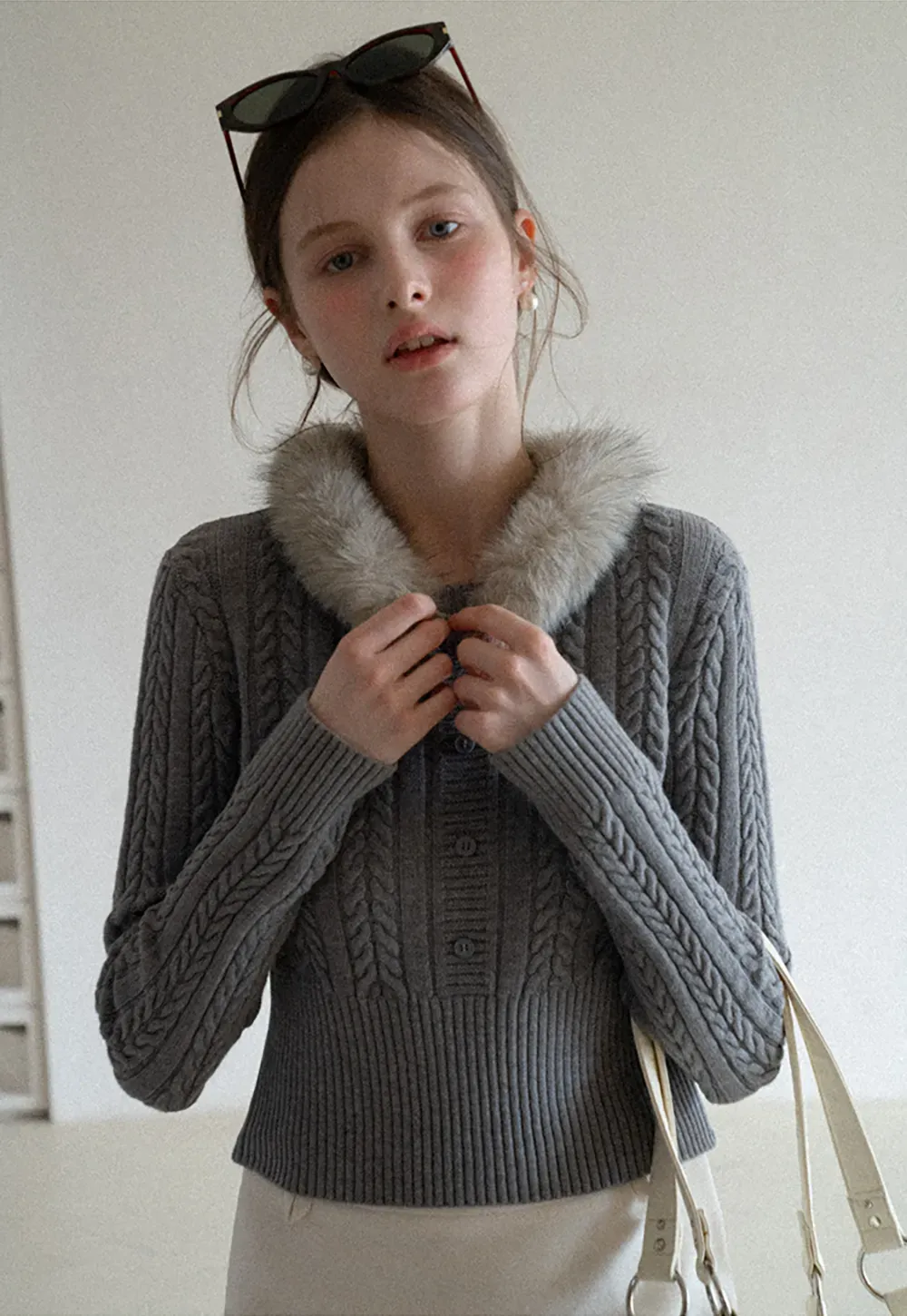 Cable Knit Sweater with Fur Collar Design