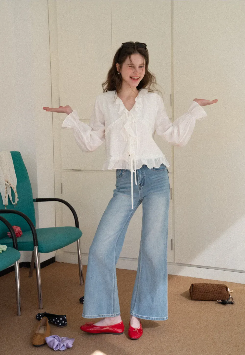 Elegant Blouse with Ruffle Detail and Tie Front Design