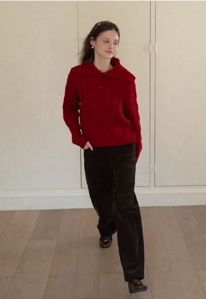 Cable Knit Turtleneck Sweater with Ribbed Sleeves and Hem