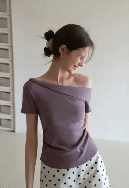 Polka dot off shoulder short sleeve tops