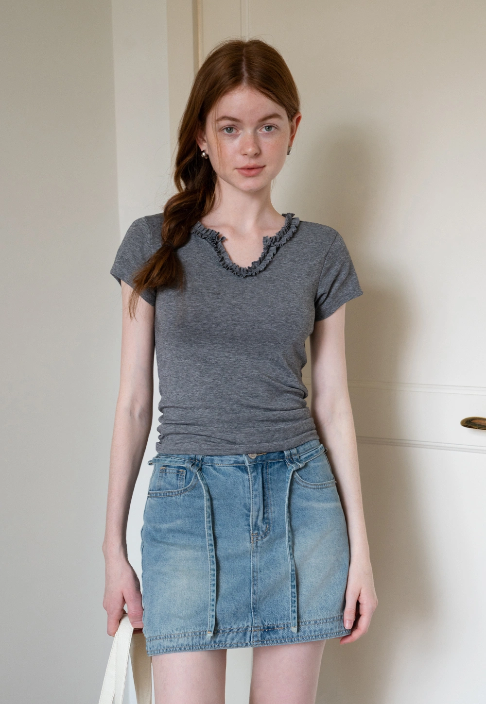V-Ruffle Trim Fitted Top