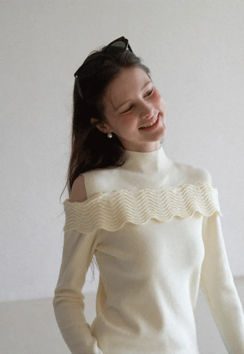 Elegant Off Shoulder Knit Sweater with Wave Detail