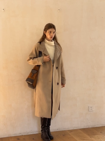 Womens Stand Collar Toggle Wool Coat with Plaid Trim