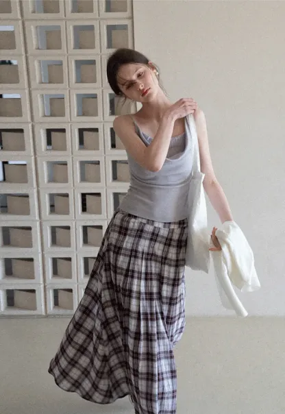 Plaid Pleated Midi Skirt