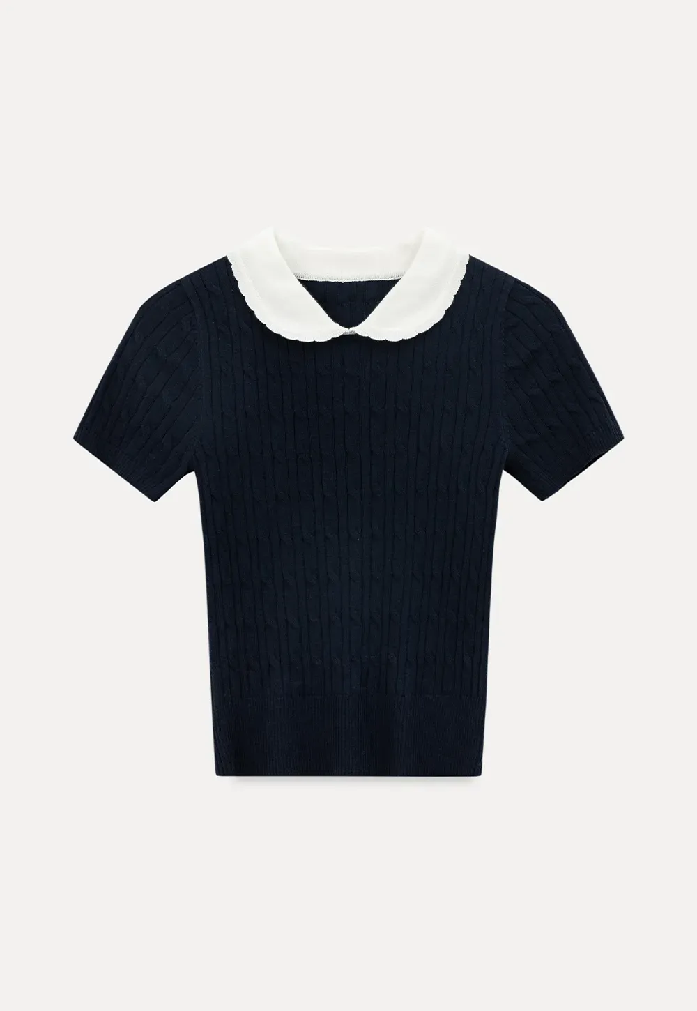 Cable Knit Short Sleeve Sweater with Collar