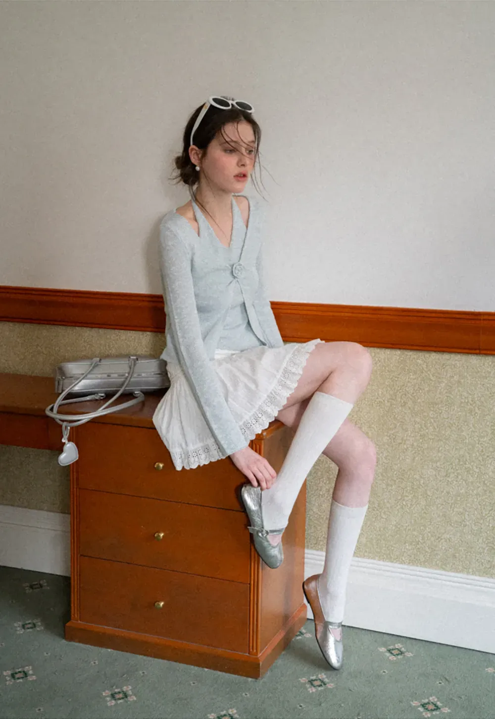 V Neck Knit Sweater with Floral Button Detail