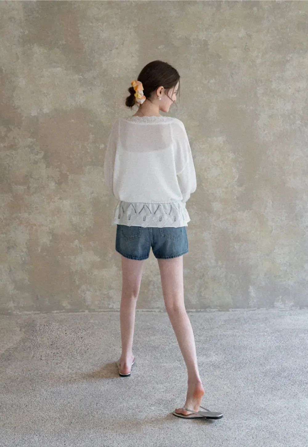 Lace Trimmed V Neck Knit Sweater with Drawstring Hem