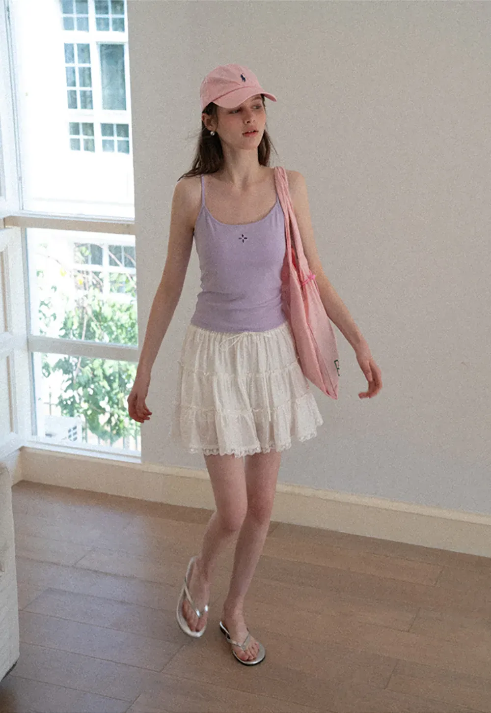 Tiered lace hem drawstring waist skirt