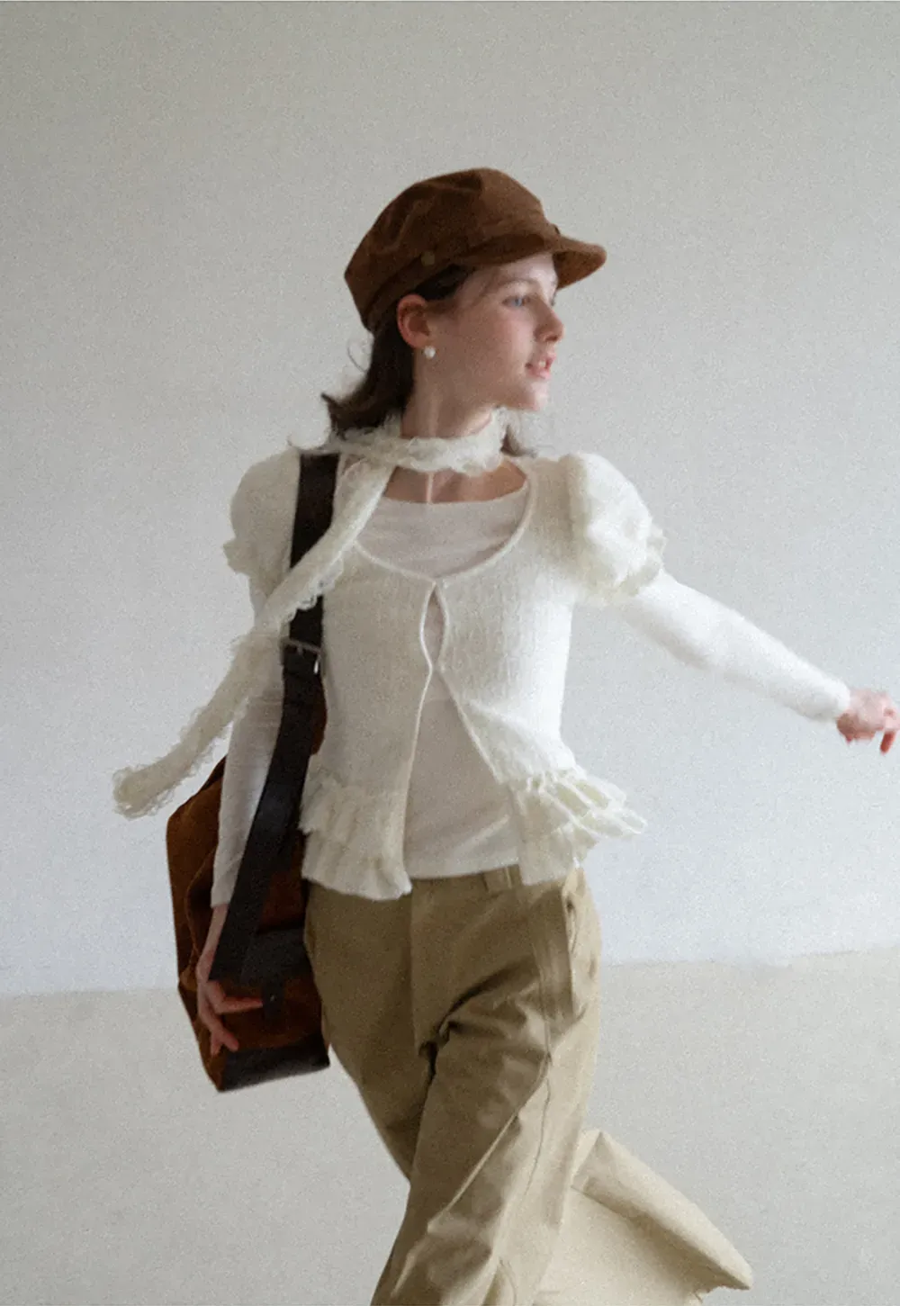 floral lace top with puffed sleeves and ruffled hem