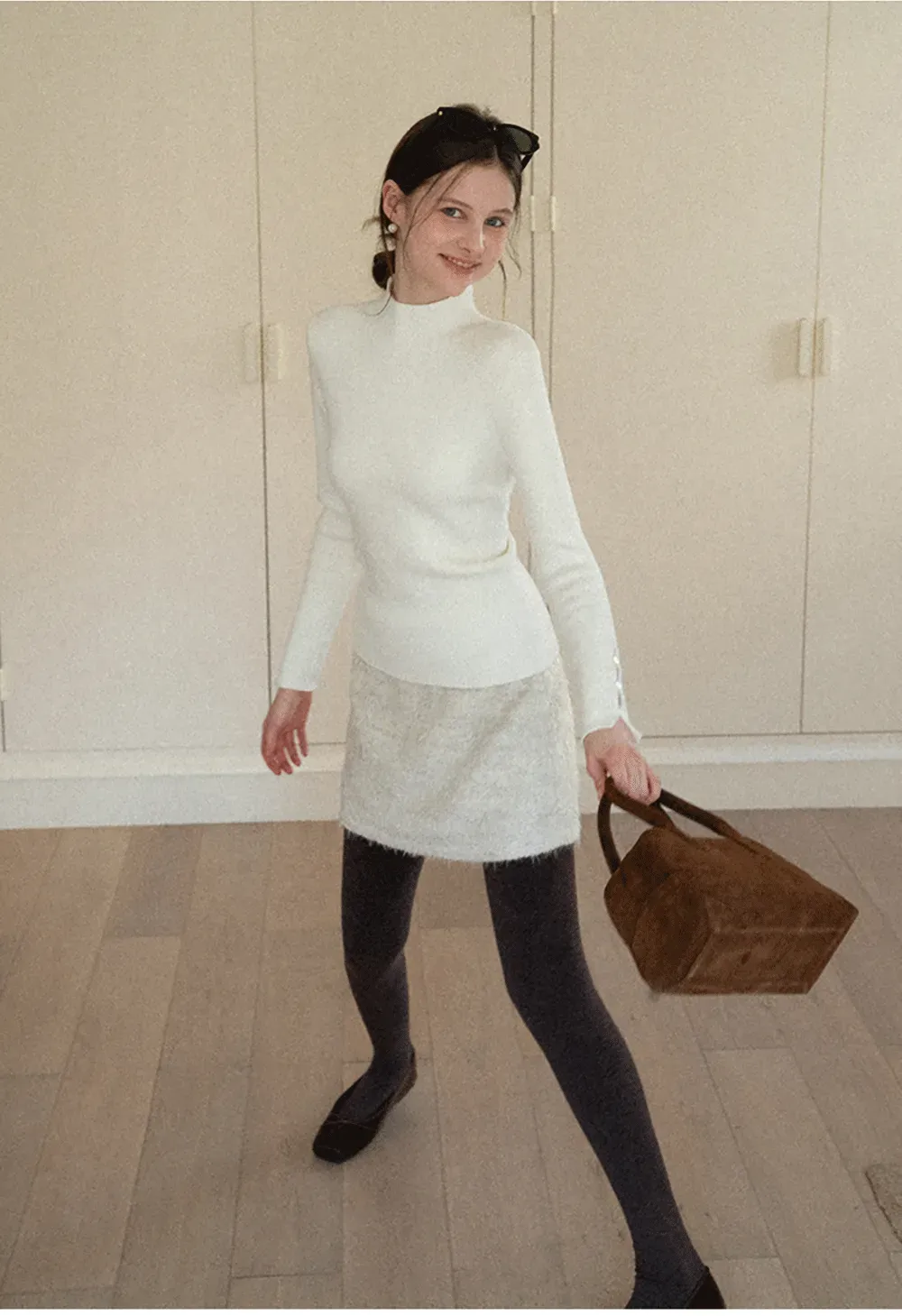 Elegant High Neck Knit Sweater with Button Detail Sleeve