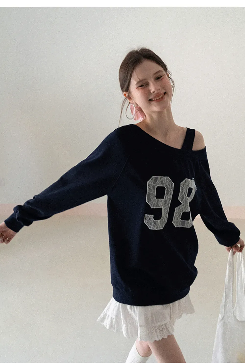 Off Shoulder Sweatshirt with Lace Number Print