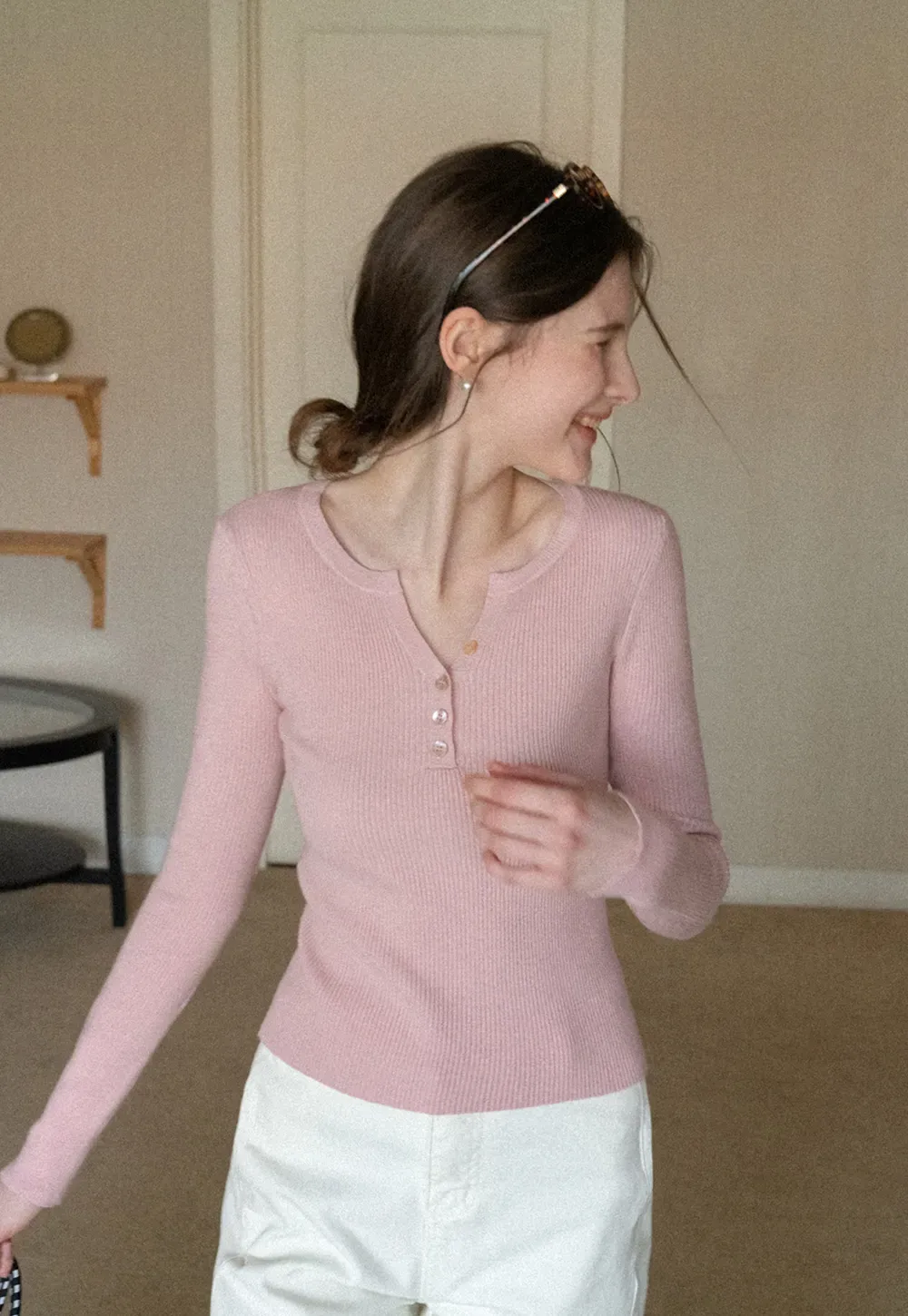 Elegant Henley Knit Top with Button Detail